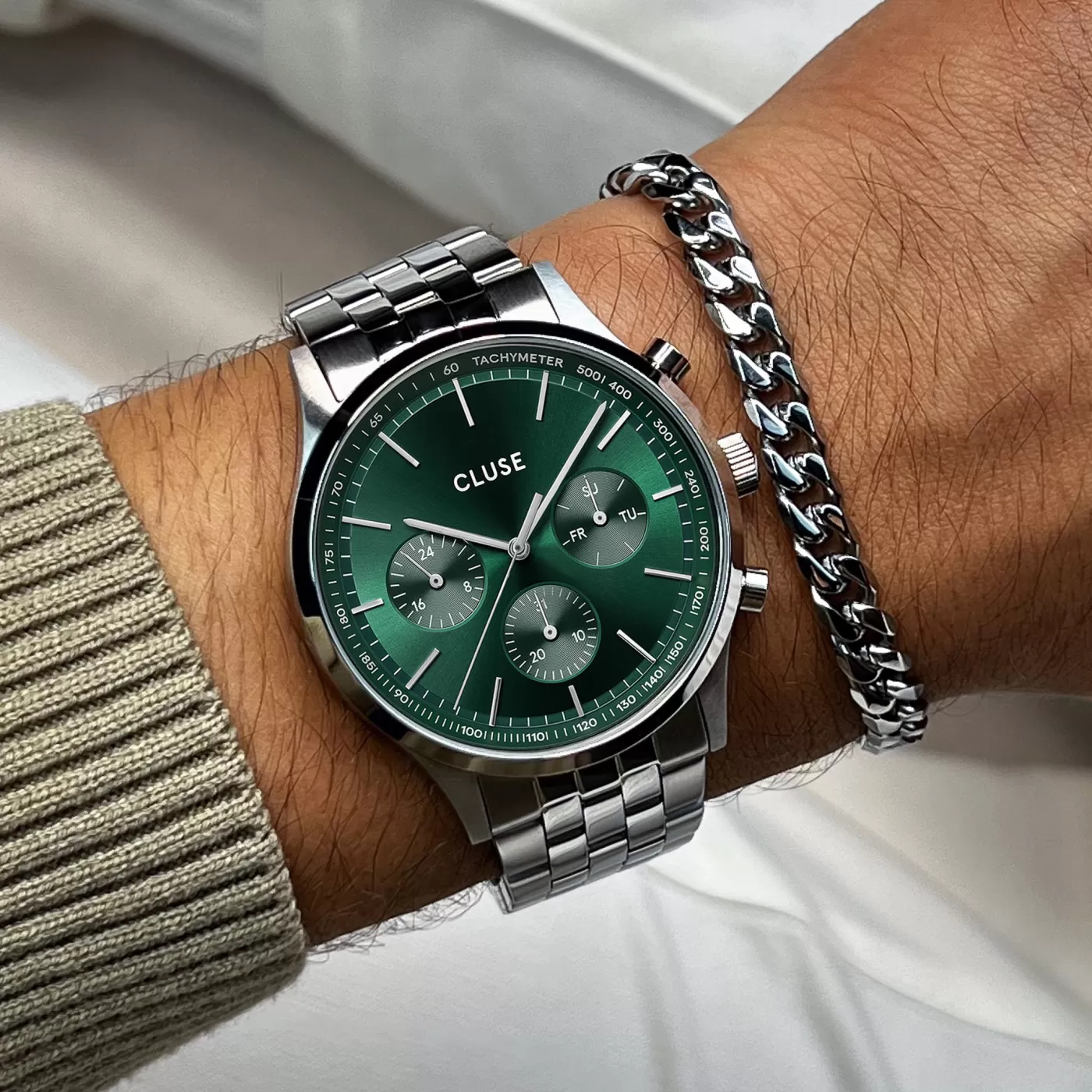 Gift Box Anthéor Multifunction Steel Watch Green & Cuban Chain Bracelet>CLUSE Store