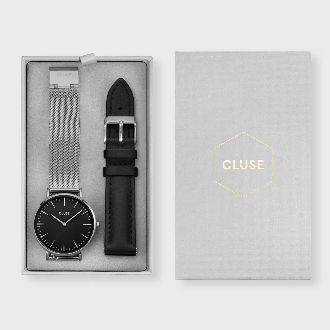 Gift Box Boho Chic Watch Mesh and Leather Strap, Silver Colour>CLUSE Online