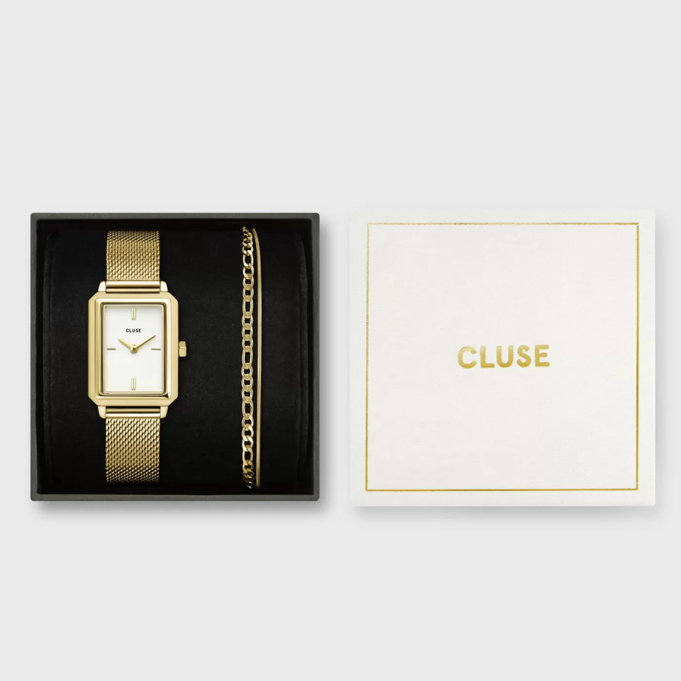 Gift Box Fluette Mesh White Watch and Double Chain Bracelet, Gold Colour>CLUSE Discount