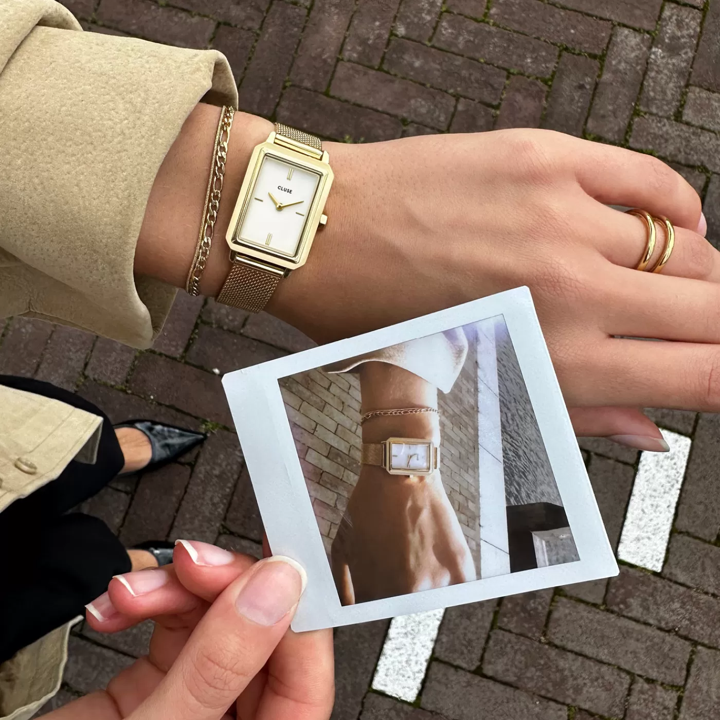 Gift Box Fluette Mesh White Watch and Double Chain Bracelet, Gold Colour>CLUSE Discount
