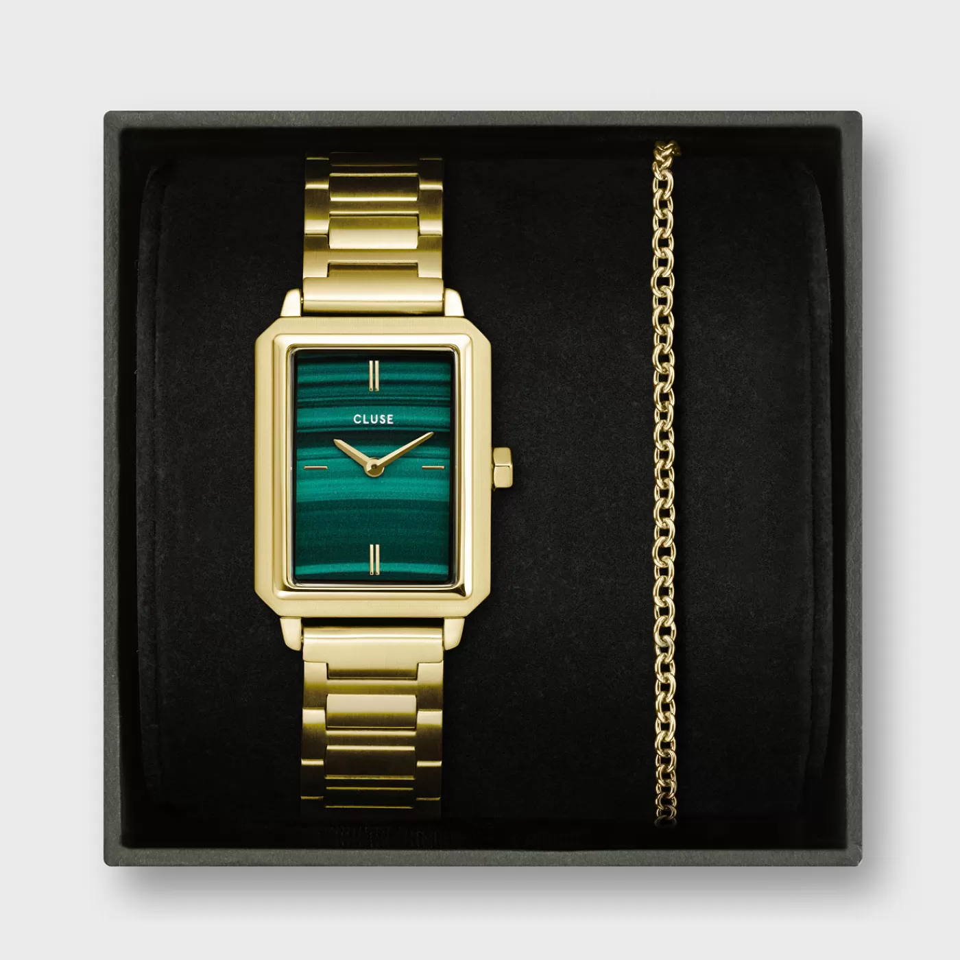 Gift Box Fluette Steel Green Watch and Round Chain Bracelet, Gold Colour>CLUSE Fashion