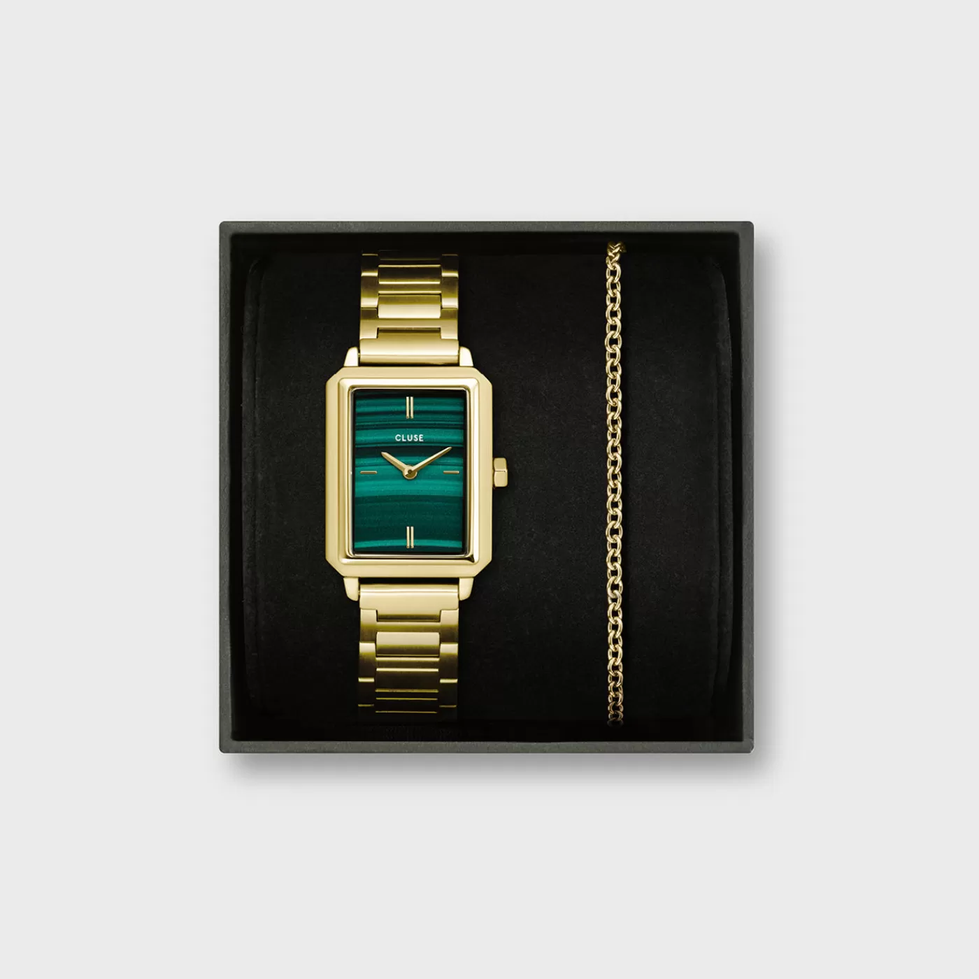 Gift Box Fluette Steel Green Watch and Round Chain Bracelet, Gold Colour>CLUSE Fashion