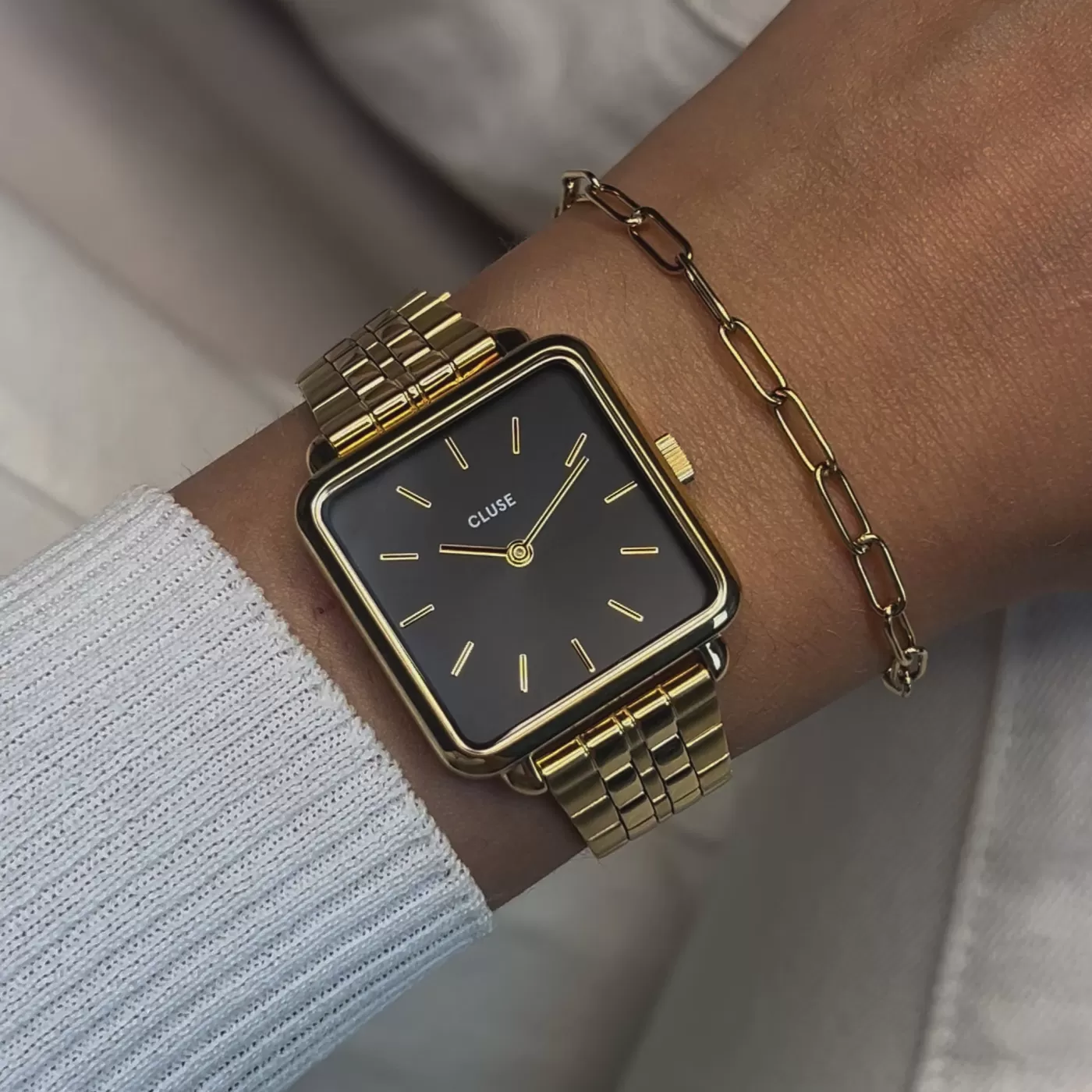 Gift Box La Tétragone Black Steel Watch & Paperclip Chain Bracelet, Gold Colour>CLUSE Best