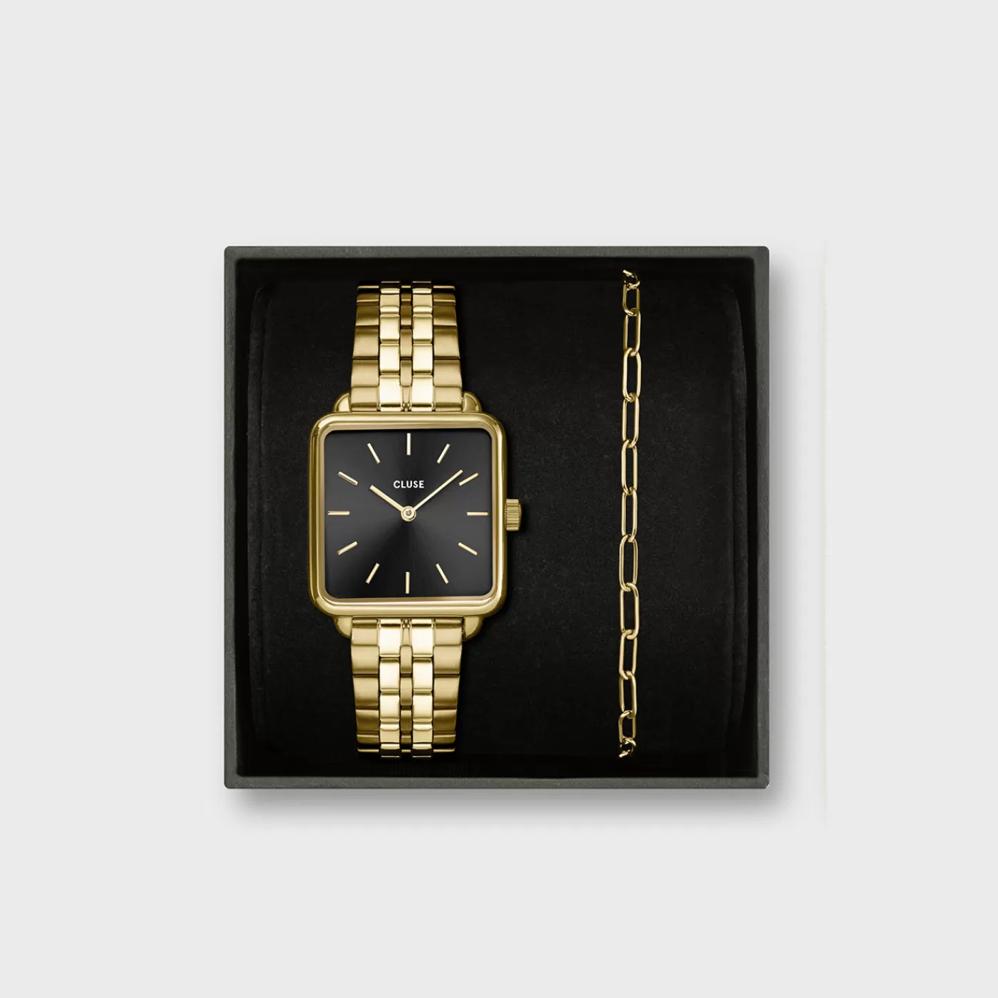 Gift Box La Tétragone Black Steel Watch & Paperclip Chain Bracelet, Gold Colour>CLUSE Best