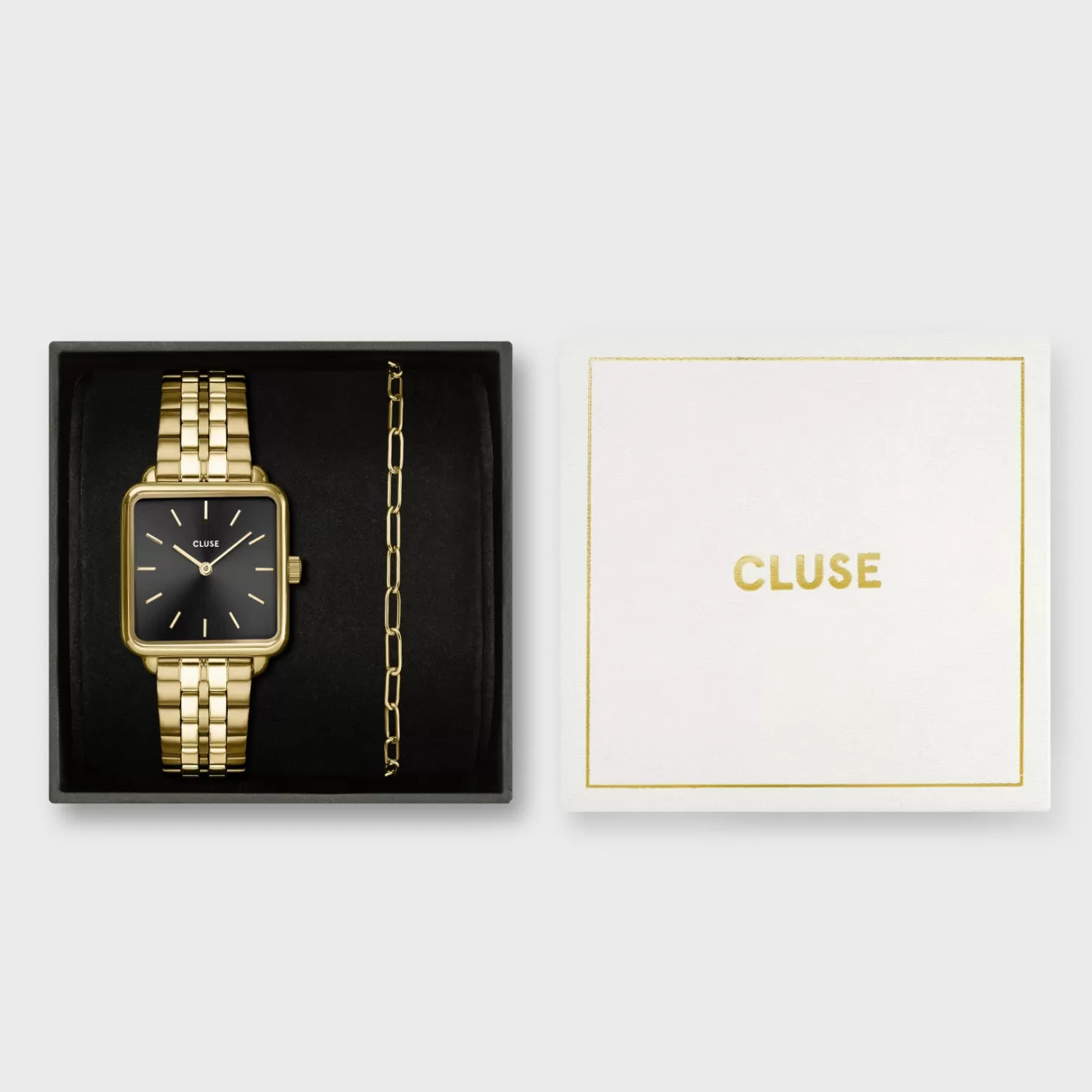 Gift Box La Tétragone Black Steel Watch & Paperclip Chain Bracelet, Gold Colour>CLUSE Best