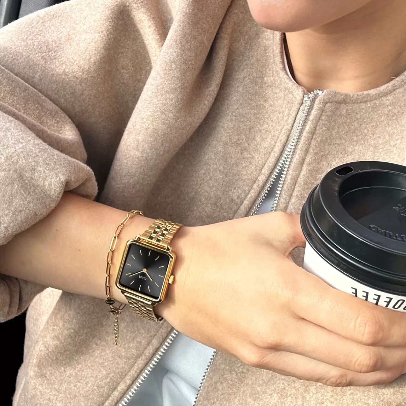 Gift Box La Tétragone Black Steel Watch & Paperclip Chain Bracelet, Gold Colour>CLUSE Best