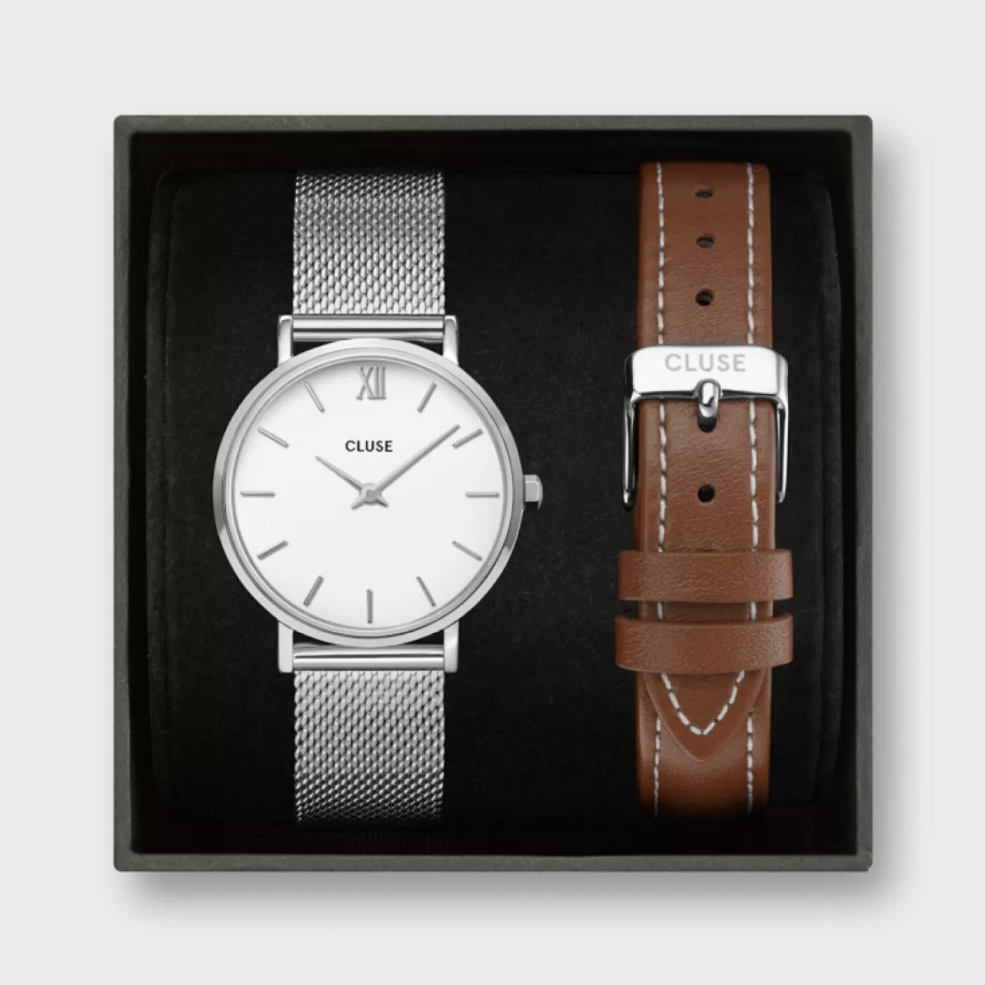 Gift Box Minuit Watch & Brown Leather Strap Silver Colour>CLUSE Cheap