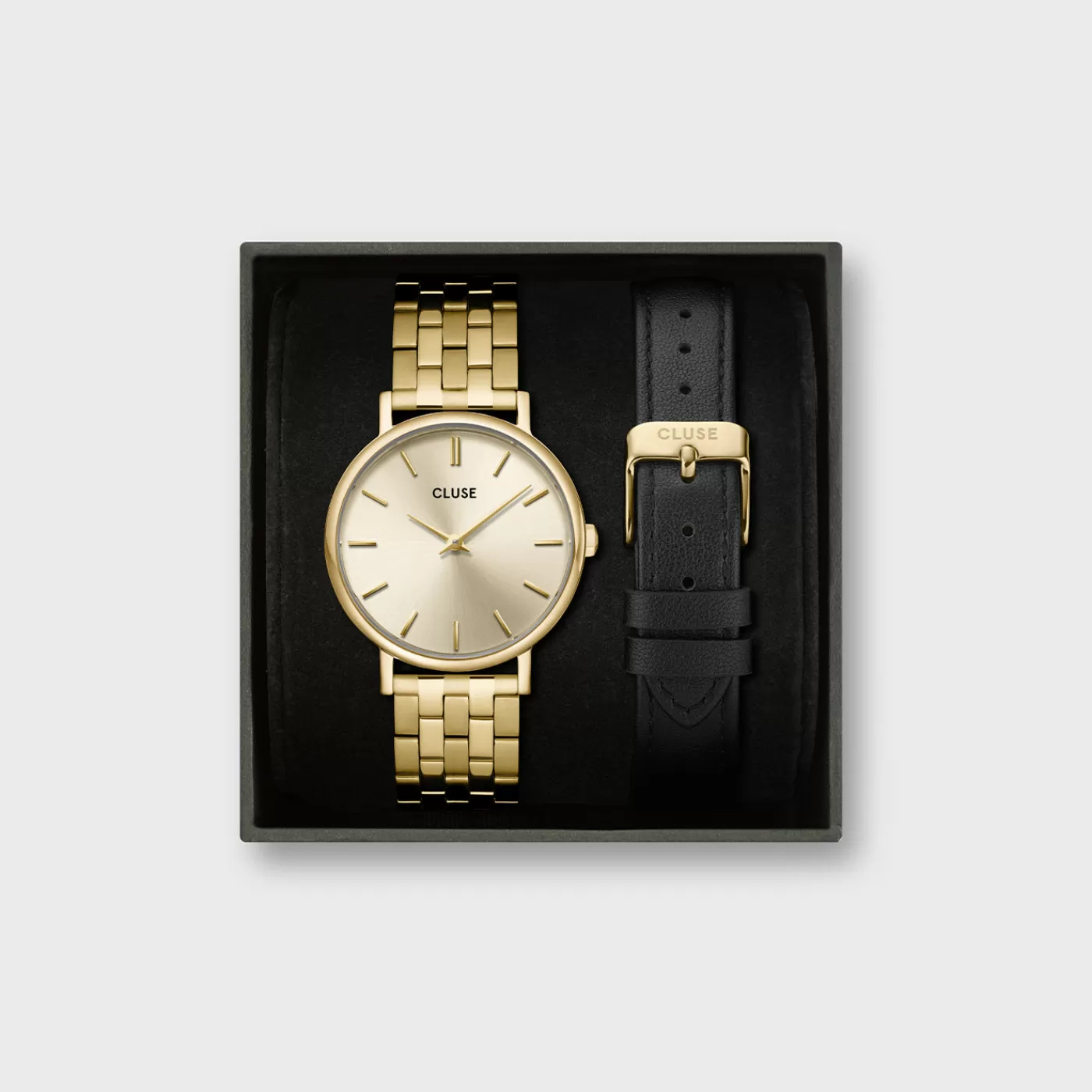 Gift Box Pavane Petite 2.0 Steel Watch Gold & Black Leather Strap, Gold Colour>CLUSE Clearance