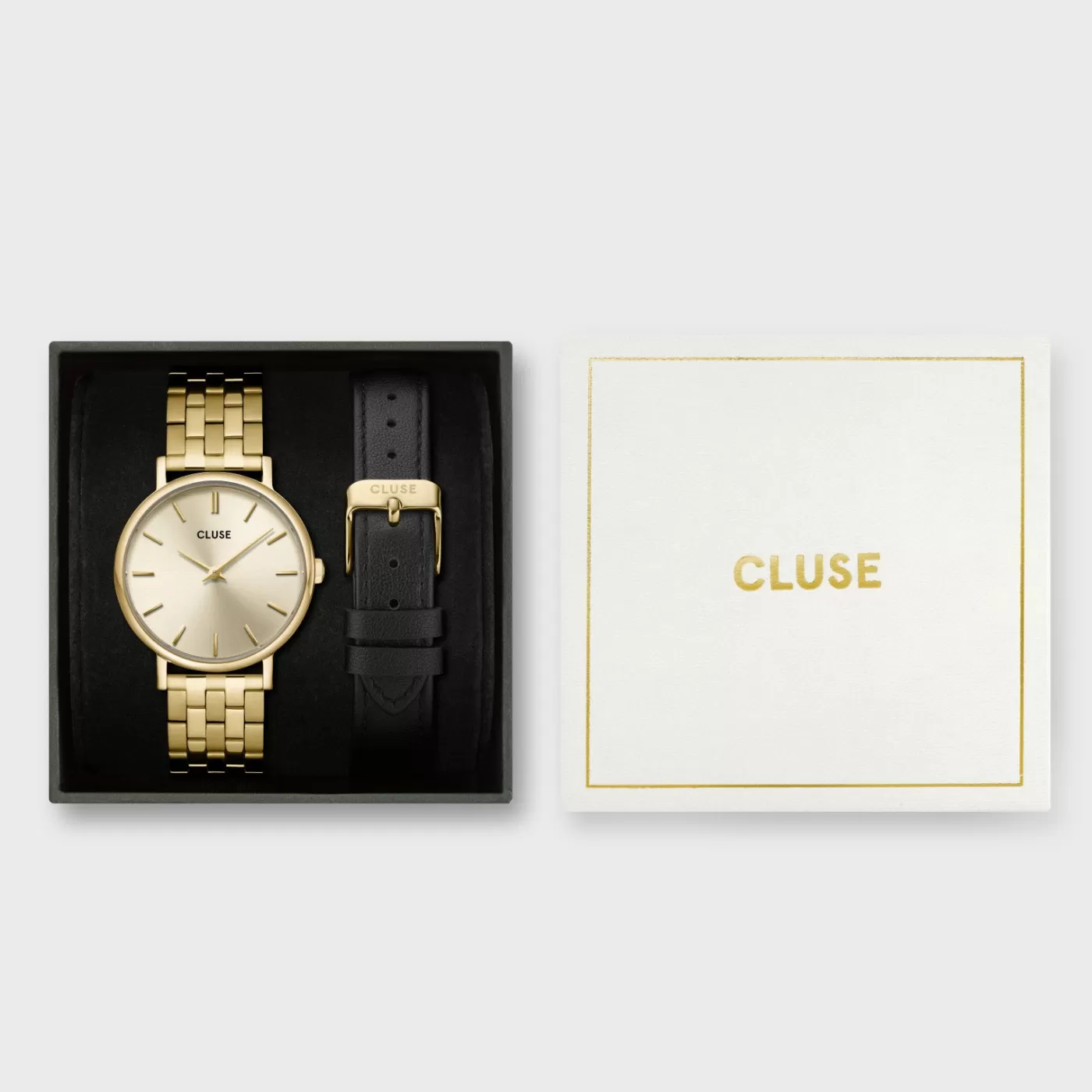 Gift Box Pavane Petite 2.0 Steel Watch Gold & Black Leather Strap, Gold Colour>CLUSE Clearance