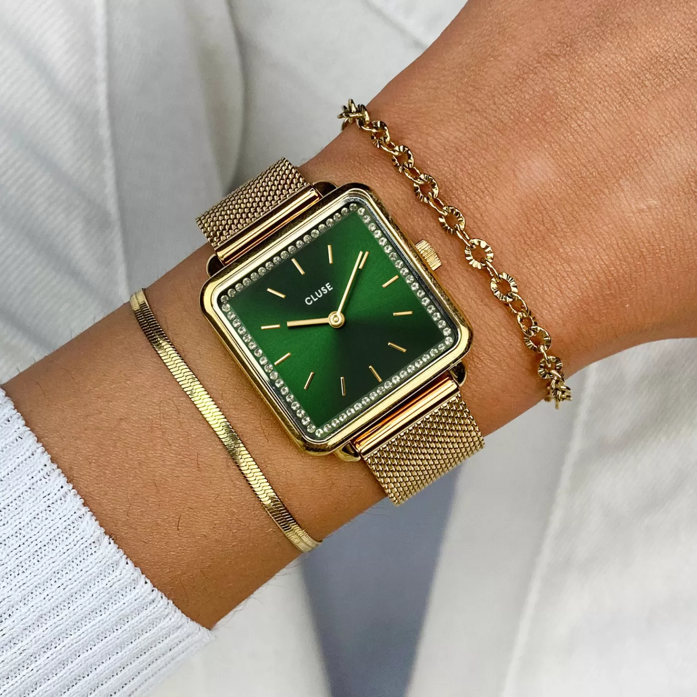 La Tétragone Watch Mesh stones Green, Gold Colour>CLUSE Shop