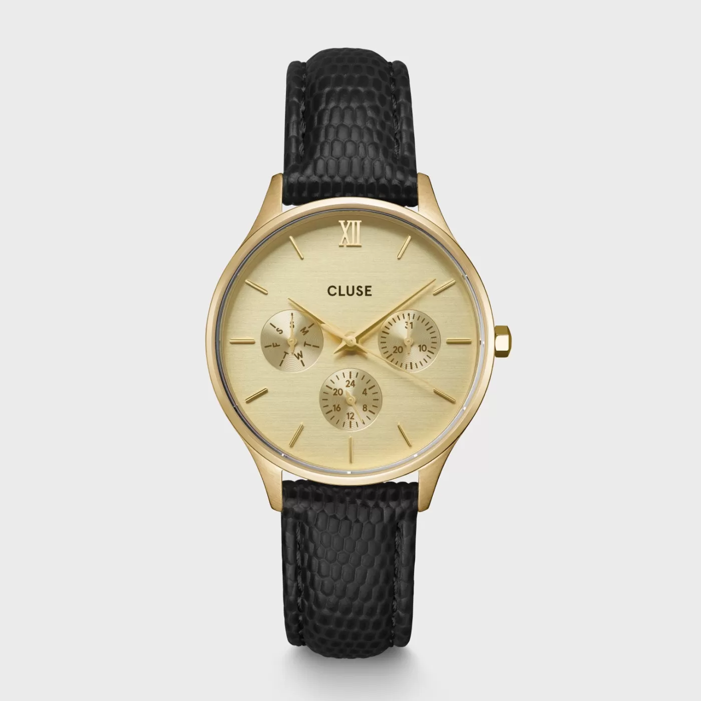 Minuit Multifunction Watch Leather, Black Lizard, Gold Colour>CLUSE New