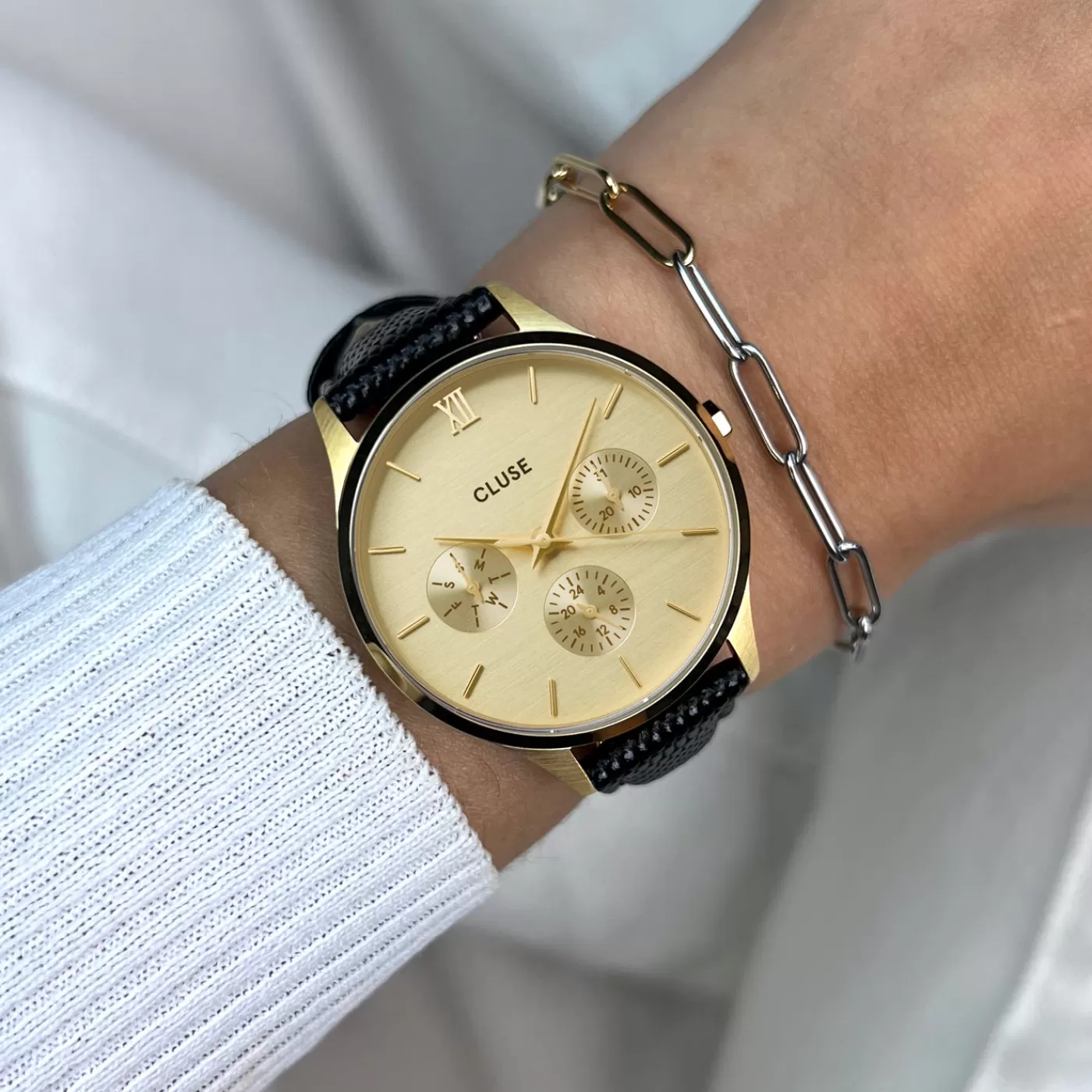 Minuit Multifunction Watch Leather, Black Lizard, Gold Colour>CLUSE New