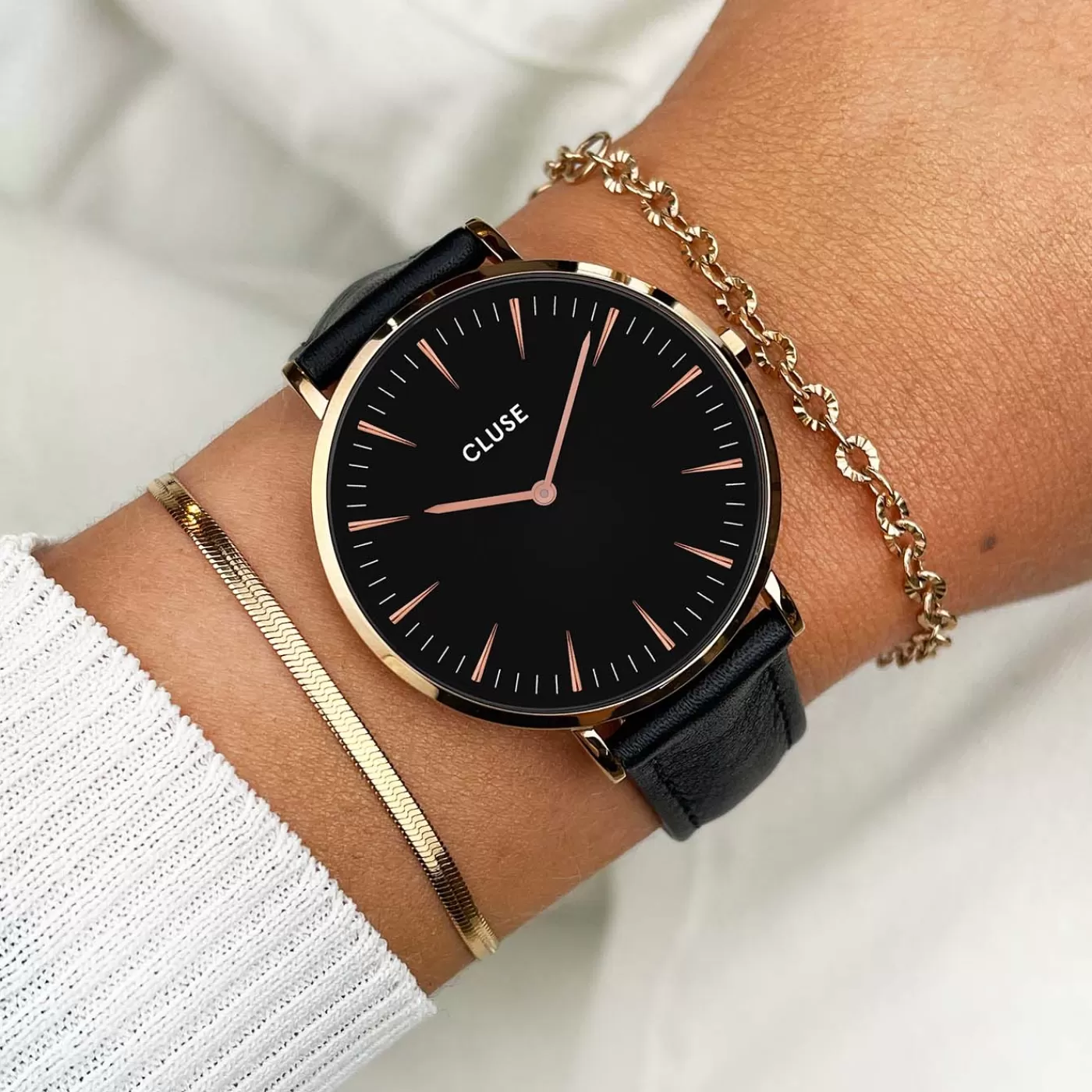 Strap 18 mm Leather Black, Rose Gold Colour>CLUSE Store