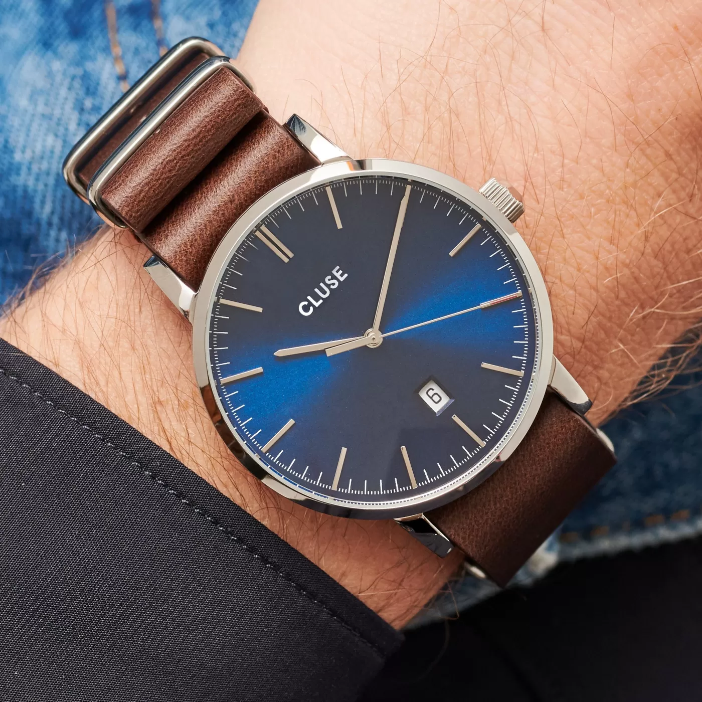 Strap 20 mm Nato Leather Brown, Silver Colour>CLUSE Shop