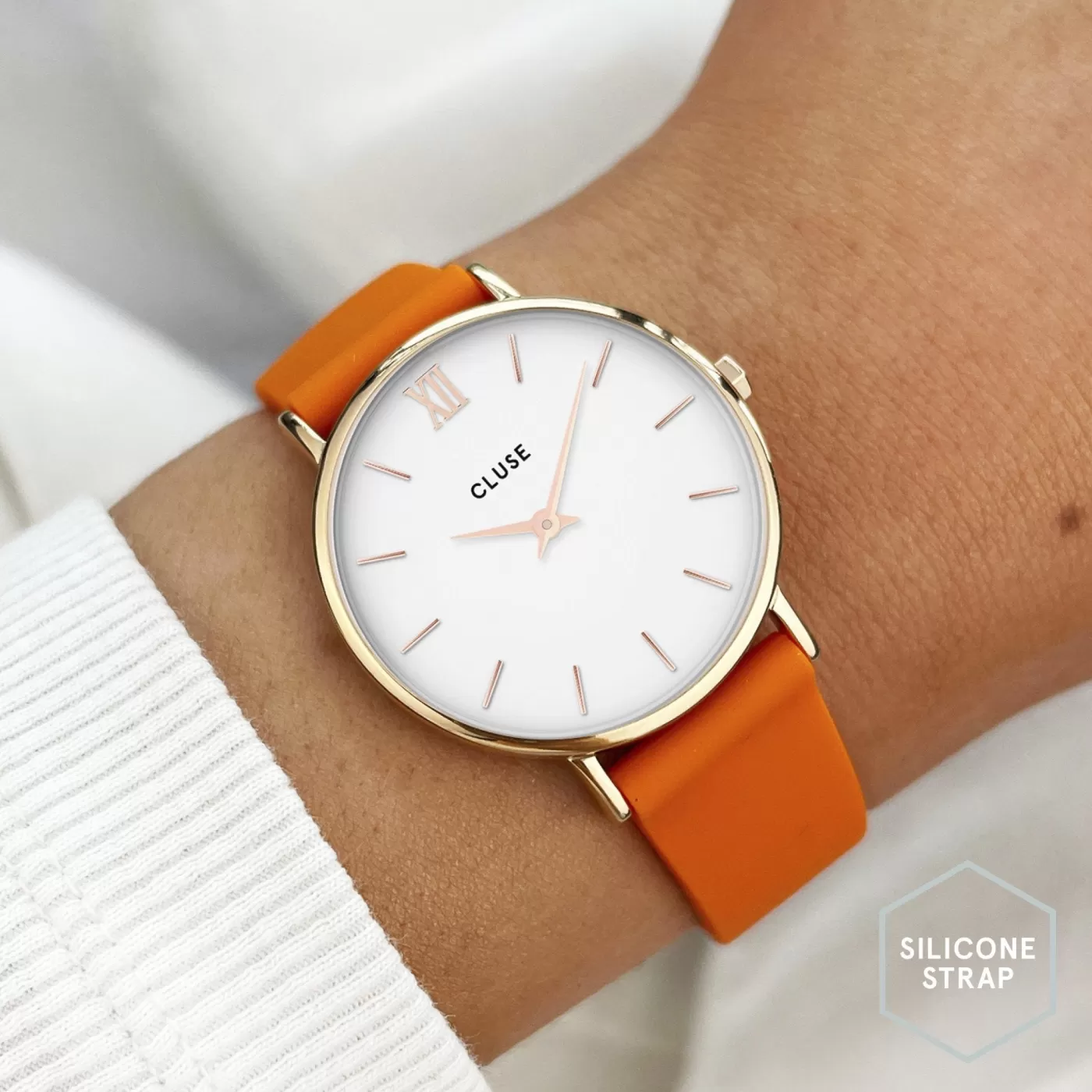 Strap 16 mm Silicone Orange, Rose Gold Colour>CLUSE Store